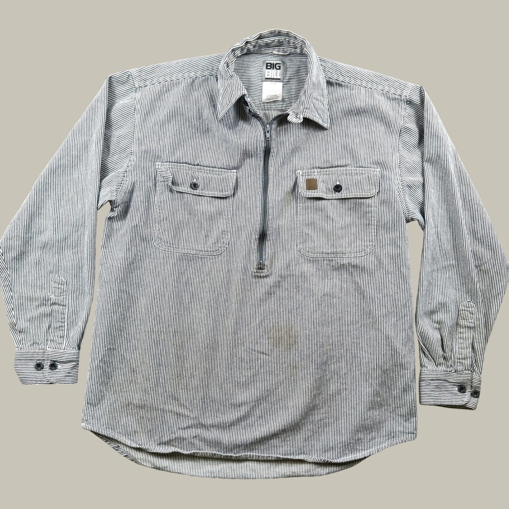 Big Bill Work Shirt Mens L Hickory Stripe Half Zip Heavy Cotton Railroad Chore